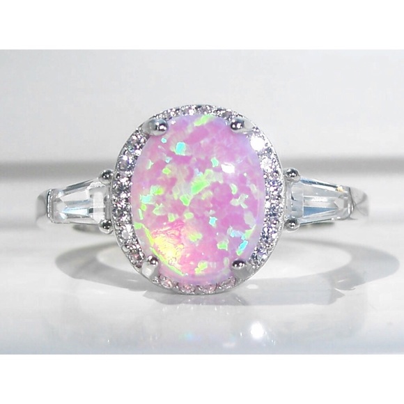 925 STERLING SILVER Lab Created Pink Opal CZ Ring - Picture 2 of 16